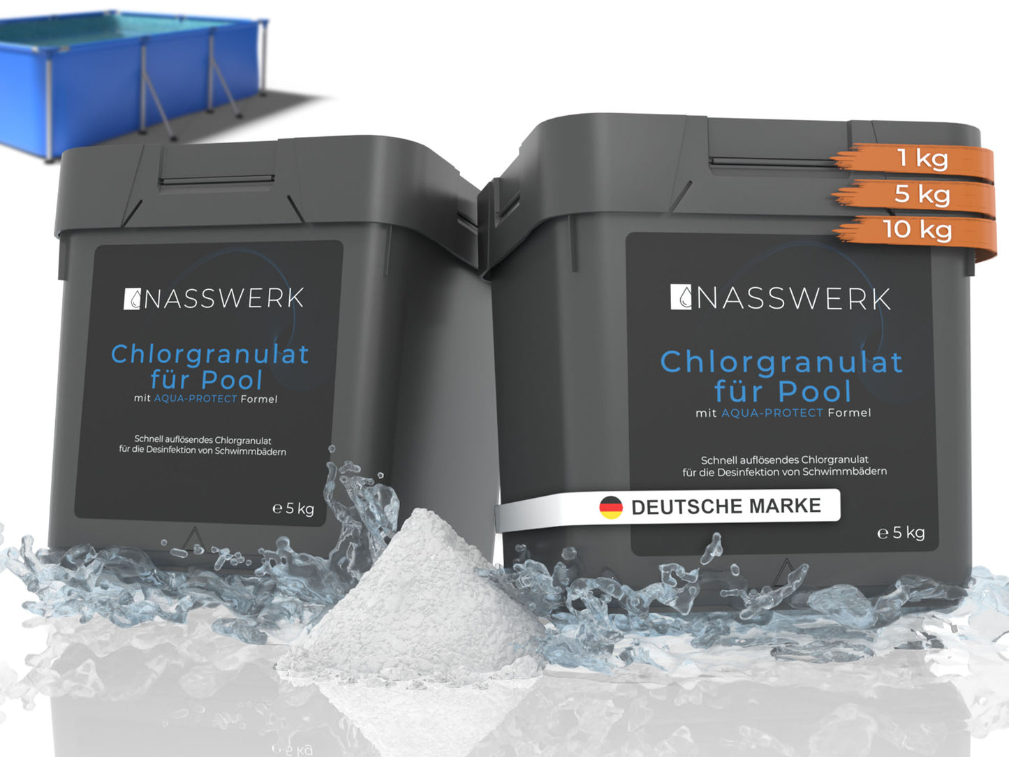 Chlorgranulat für Pools – effektive Schockchlorung und Reinigung mit schnelllöslichem Chlor für kristallklares Wasser.