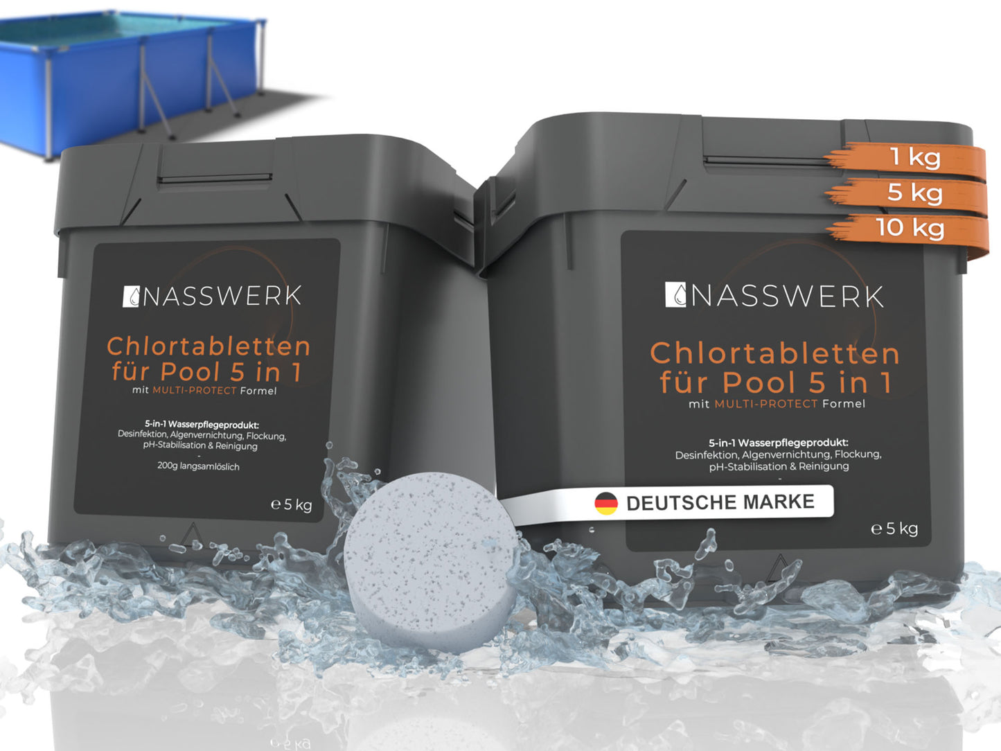 Multitabs 5-in-1 – 200g Chlortabletten für Pools, kombiniert Reinigung, Algenstopp und Wasserpflege in einer praktischen Tablette.